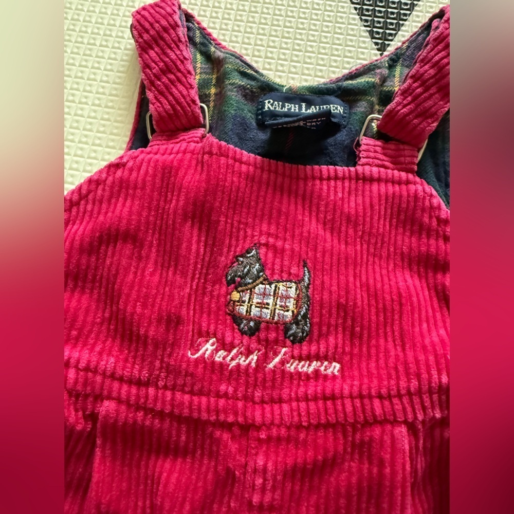 Vintage Ralph Lauren|Baby girl corduroy overalls in vibrant pink w preppy dog••• - Picture 6 of 11